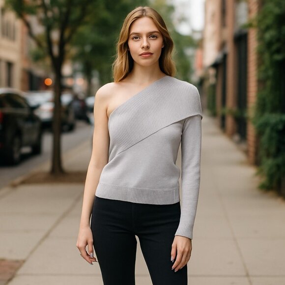 NWT 525 America One-shoulder Pullover Sweater Grey Small - Picture 1 of 6